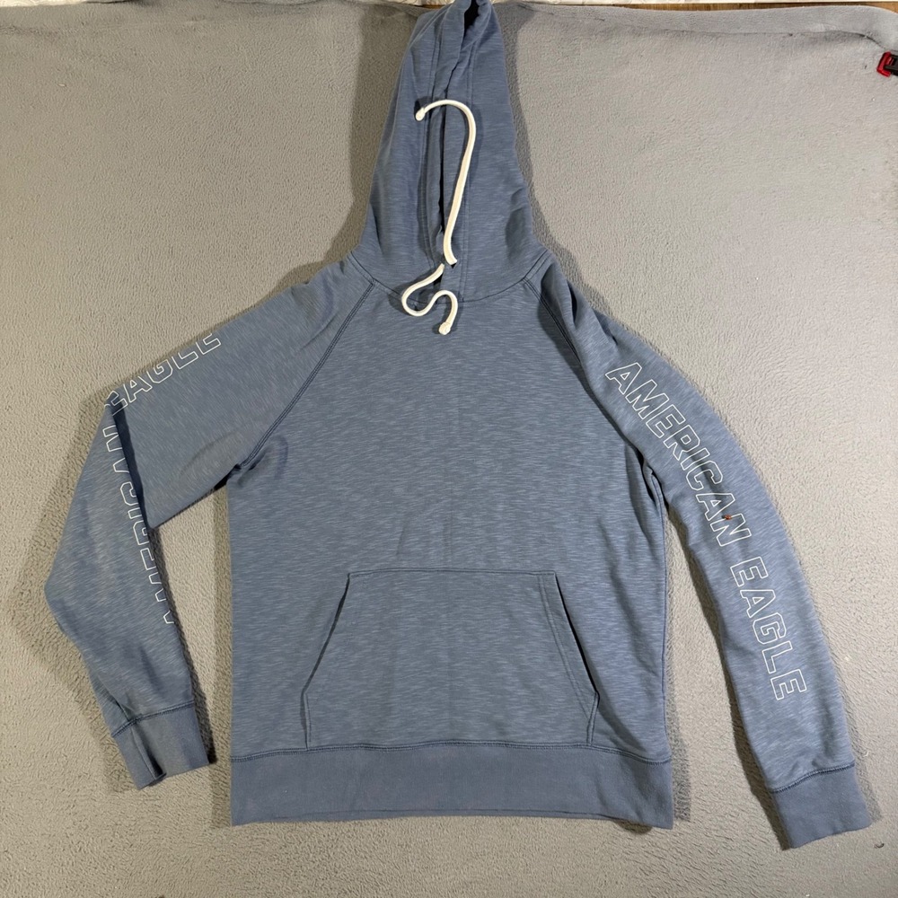 American Eagle Men's Blue Pullover Hoodie Size Med Sleeve Logo Casual Activewear